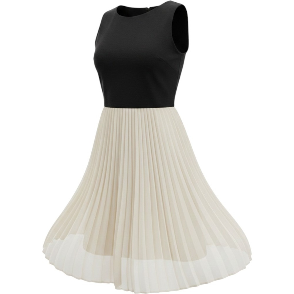Talbots Petites Black Cream Colorblock Pleated Chiffon Fit Flare Dress Ballet 2P